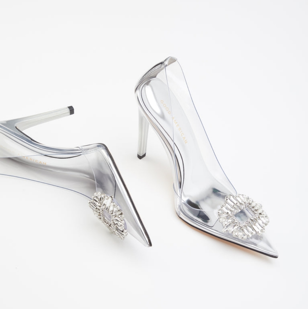 Good American Silver Clear PVC Pointed Toe Heels with Crystal Brooch
